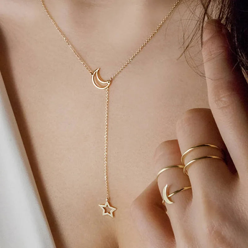 Moon & Star Lariat Necklace